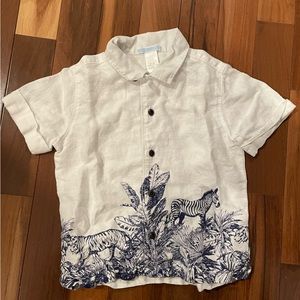 Boys white blue jungle animal collar button down linen shirt short sleeve cruise